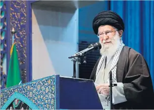  ?? ENEI.IR ?? Iran’s supreme leader Ayatollah Ali Khamenei delivers his sermon during the weekly prayers in Tehran, Iran, on Friday. The last time Khamenei delivered a Friday sermon was eight years ago.