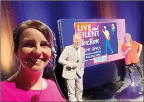 ?? (Courtesy Photo) ?? Abby Trinidad (left), events and marketing coordinato­r for Main Street Siloam Springs, takes a behind the scenes selfie with emcee Tyler Carroll and Stacy Morris, Main Street Siloam Springs executive director, during the virtual Main Event on July 24.