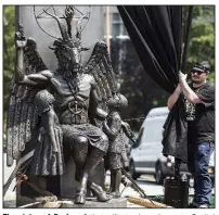  ??  ?? The statue of Baphomet that will stand on the state Capitol grounds was unveiled last week. However, before ground can be broken, a small matter of the First Amendment must be decided in federal court.