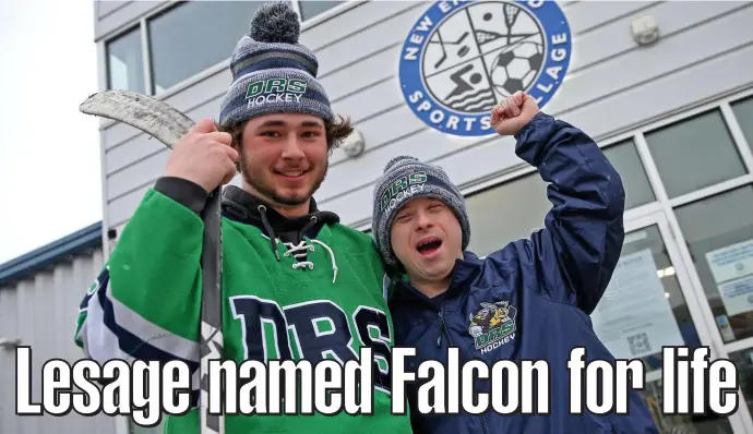  ?? MATT sTOnE PhOTOs / hErAld sTAFF ?? ‘PROUD’: Dighton-Rehoboth/Seekonk hockey captain Brenden Santos, left, stands with his cousin Jason Lesage, who was named a Falcon for life and an honorary captain. Below, Lesage bumps elbows with Wyatt Nastar.