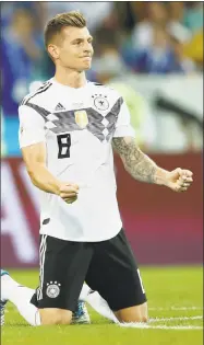  ?? Odd Andersen / Getty Images ?? Germany’s Toni Kroos celebrates after his goal helped Germany defeat Sweden 2-1 at the World Cup on Saturday.