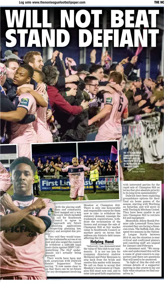  ?? PICTURES: Duncan Palmer ?? IN IT TOGETHER: Fans embrace players during Hamlet’s 3-1 win at Billericay on Tuesday night