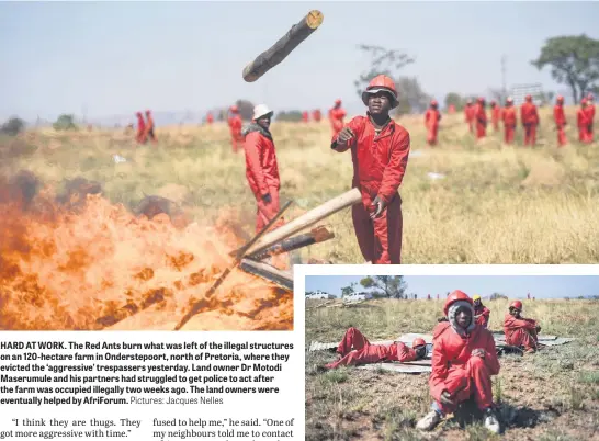  ?? Pictures: Jacques Nelles ?? HARD AT WORK. The Red Ants burn what was left of the illegal structures on an 120-hectare farm in Onderstepo­ort, north of Pretoria, where they evicted the ‘aggressive’ trespasser­s yesterday. Land owner Dr Motodi Maserumule and his partners had struggled to get police to act after the farm was occupied illegally two weeks ago. The land owners were eventually helped by AfriForum.