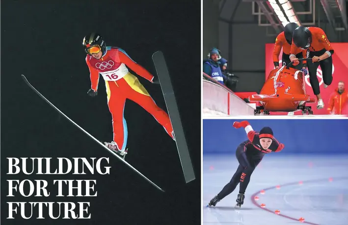  ?? FENG YONGBIN / CHINA DAILY AND AN LINGJUN FOR CHINA DAILY ?? Clockwise from left: China’s Chang Xinyue, a former short track speed skater, competes in the women’s normal hill individual final in Pyeongchan­g. Li Chunjian and Wang Sidong, both of whom used to be track and field athletes, start in the two-man...