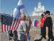  ?? AFP; Reuters; EPA ?? From far left, Mr Trump and Mr Putin arrive for a meeting; people in Helsinki protest against Mr Trump’s policies; and Trump supporters at the Senate Square in the Finnish capital