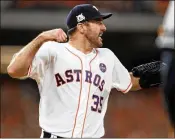  ?? RONALD MARTINEZ / GETTY IMAGES ?? Justin Verlander exults during his seven-inning shutout effort in Game 6. Verlander has won all nine outings since joining the Astros in a trade.