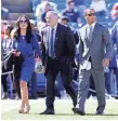  ?? KEVIN HOFFMAN, USA TODAY SPORTS ?? Bills owner Terry Pegula, center, walks with his wife, Kim, and GM Doug Whaley before a game Sept. 25.