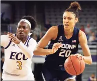  ?? Karl B DeBlaker / Associated Press ?? UConn’s Olivia Nelson-Ododa (20) drives the ball past East Carolina’s Xianna Josephs (3) during the second half in 2020.