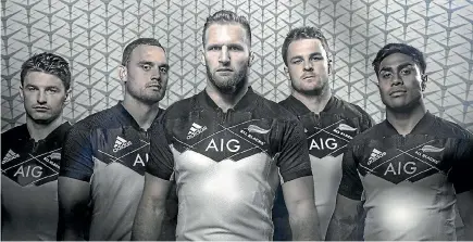 ?? PHOTO: SUPPLIED ?? The new All Blacks alternate jersey they will wear against France as modelled by (from left): Beauden Barrett, Israel Dagg, Kieran Read (captain), Sam Cane and Malakai Fekitoa.