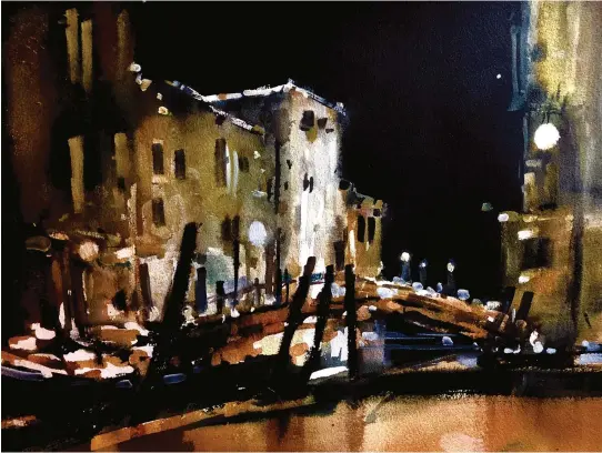  ??  ?? Venetian Canal at Night, watercolou­r, 14¼322½in (36357cm).
The white areas of paper were reserved with masking fluid, so remained unpainted