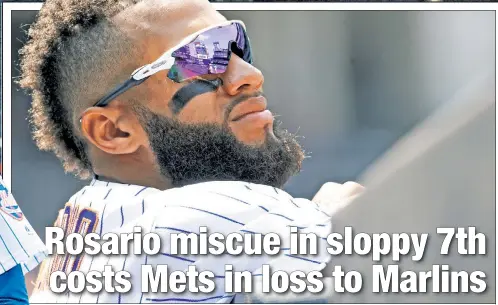  ?? Paul J. Berswill (2) ?? ROOKIE MISTAKE: Amed Rosario’s (above) gaffe in the field in the seventh inning kept the inning alive for the Marlins and allowed Giancarlo Stanton to hit a three-run homer off Jacob deGrom (left) and seal Miami’s 6-4 victory.