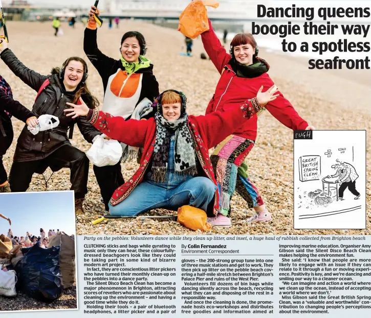  ??  ?? Party on the pebbles: Volunteers dance while they clean up litter, and inset, a huge haul of rubbish collected from Brighton beach