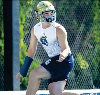  ?? NWA Democrat-Gazette File Photo/BEN GOFF • @NWABENGOFF ?? Shiloh Christian linebacker Kaden Henley plays in a game against Choctaw (Okla.) on July 12 during the Southwest Elite 7on7 Showcase at Shiloh Christian’s Champions Stadium in Springdale.