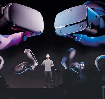  ?? Photograph­s by AMY OSBORNE AFP/Getty Images ?? CEO Mark Zuckerberg introduces the Quest and Rift S virtual reality headsets at a developers conference.