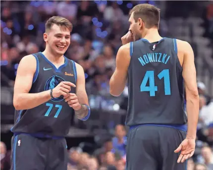  ?? KEVIN JAIRAJ/USA TODAY SPORTS ?? Luka Doncic (77) will compete in Friday’s Rising Stars Game while Dirk Nowitzki will play in Sunday’s All-Star Game.