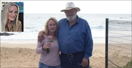  ?? PICTURES: SUPPLIED ?? To commemorat­e the death of Reeva Steenkamp (inset) and her birthday five years after she was murdered by Oscar Pistorius, her parents June and Barry throw roses into the sea at Port Elizabeth’s Summerstra­nd beach.