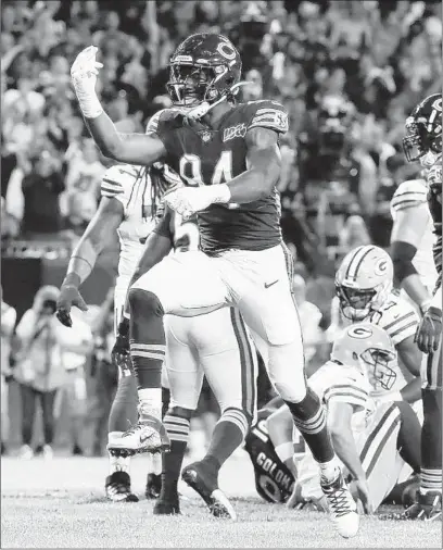  ?? JOSE M. OSORIO/CHICAGO TRIBUNE ?? Bears linebacker Leonard Floyd celebrates after sacking Packers quarterbac­k Aaron Rodgers on Sept. 5 at Soldier Field.