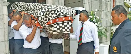  ?? Photo: Office of the Prime Minister ?? Pall bearers carry the casket of the late Adi Salaseini Kavunono Iloiloivat­u.