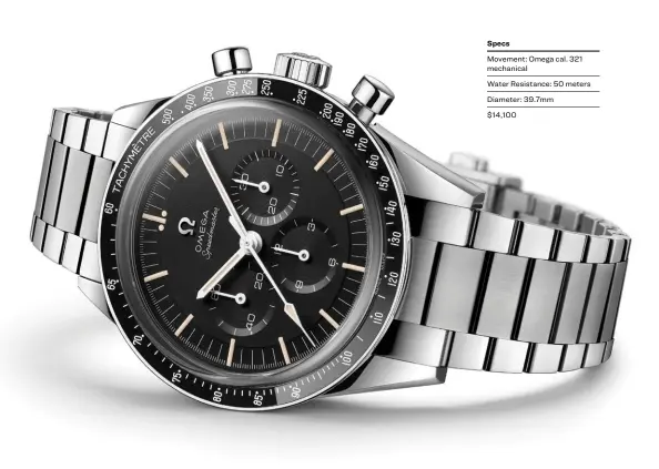  ??  ?? Specs
Movement: Omega cal. 321 mechanical
Water Resistance: 50 meters
Diameter: 39.7mm $14,100