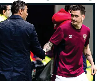  ??  ?? SEE YOU LATER? Pedro Caixinha offers a handshake to Jamie Walker at the end of yesterday’s goalless draw at Ibrox but, as the Hearts forward is known to be a signing target for the Rangers manager — and with the transfer window due to close in just 11...