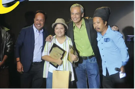  ?? PHOTOS BY REYNAN VILLENA ?? FILSCAP president Noel Cabangon, VISPOP 2.0 grand winner Jerika Teodorico, FILSCAP vice-president Jim Paredes, and VISPOP 2.0 judge Errol ‘Budoy’ Maravillo.