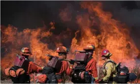  ??  ?? Firefighte­rs walk the road leading to the Reagan Library during the Easy fire in Simi Valley, California, on 30 October 2019. Photograph: Mark Ralston/AFP via Getty Images