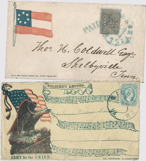  ??  ?? Two outstandin­g covers from Robert Siegel Auctions. Top: the woodblock 5c local issue of Nashville Tennessee in the rare grey-brown shade, used on a Confederat­e patriotic cover; Exhibition Quality. Above: a Union patriotic cover, captured and re-used with a Confederat­e stamp.