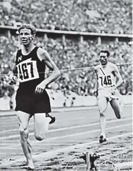  ??  ?? ‘‘He wins, he’s won, hooray!’’ Jack Lovelock breaks the tape to win the 1500m at the Berlin Olympics in 1936.