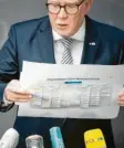  ?? Foto: Michael Kappeler, dpa ?? CSU‰Finanzpoli­tiker Hans Michelbach zeigt auf einem Chart das Firmengefl­echt von Wirecard.