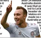  ??  ?? it at the end when Schmeichel made fine saves from Aaron Mooy, Daniel Arzani and Leckie. ‘My players looked tired,’ said Denmark boss Age Hareide. ‘We lost the ball too often, faced too many counter-attacks and had to do too much running.’ Jedinak, 33,...