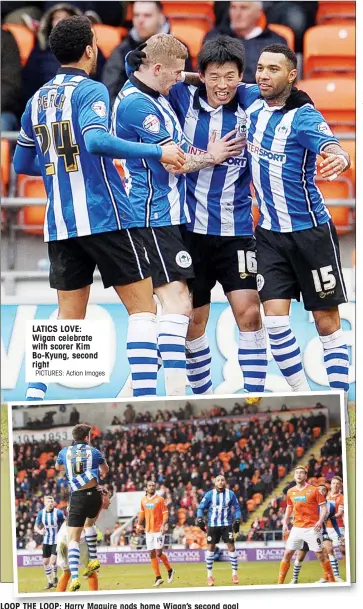  ?? PICTURES: Action Images ?? LATICS LOVE: Wigan celebrate with scorer Kim Bo-Kyung, second right
LOOP THE LOOP: Harry Maguire nods home Wigan’s second goal