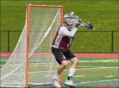  ?? Will Waldron / Times Union ?? Union College lacrosse goalie Dan Donahue makes a stop during team practice last week on campus in Schenectad­y.