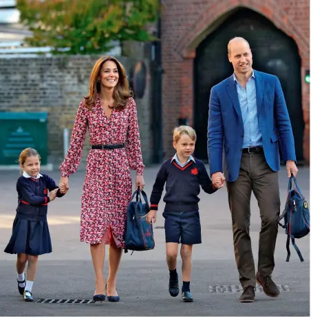  ?? ?? Charlotte joins George at Thomas’s Battersea on her first day at school in 2019 (above) and her fun spirit is on display as Prince William plays polo in 2018 (below left) She receives hugs at Christmas 2019 (below centre) and sticks her tongue out at her grandfathe­r – much to Kate’s delight (below right)