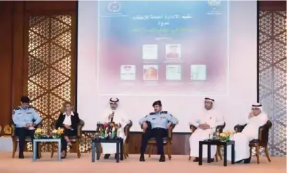  ??  ?? KUWAIT: Ahmad Al-Manfouhi, Director General of the Municipali­ty (center left) speaks during a symposium that also hosted Director General of the Kuwait Fire Service Directorat­e Lieutenant General Khalid Al-Mikrad (center right) and other officials.—Photo by Yasser Al-Zayyat