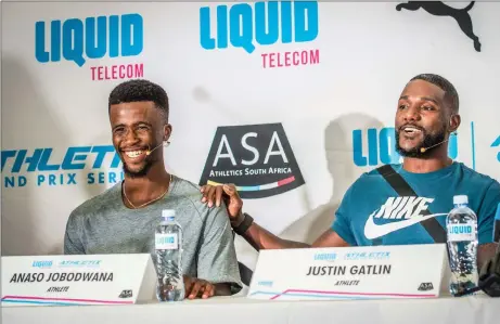  ?? Picture: TOBIAS GINSBERG ?? ALL SMILES FOR NOW: Anaso Jobodwana and Justin Gatlin share a lighter moment at yesterday’s press conference for the Liquid Telecom Grand Prix meeting in Pretoria.
