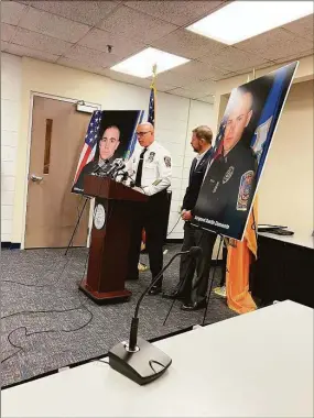  ?? Jesse Leavenwort­h / Hearst Connecticu­t Media ?? Bristol Police Chief Brian Gould, left, and Mayor Jeff Caggiano address members of the media during a news conference at the police department Wednesday, two weeks after two city police officers were fatally gunned down in an ambush.