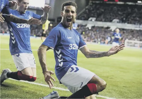  ??  ?? 0 Connor Goldson celebrates the goal that gives Rangers a precious 1-0 advantage to take to Russia for the second leg of the play-off tie.