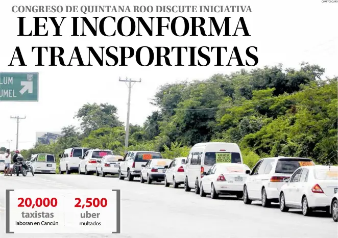  ?? CUARTOSCUR­O ?? LOS TAXISTAS manifestar­on su descontent­o ante la incursión de la empresa Uber en el municipio