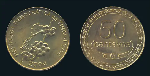  ?? ?? The coinage of independen­t East Timor is equivalent to American money. This 50 centavos shows a branch of coffee berries. Coffee is a major
export product. (Actual diameter 25mm)