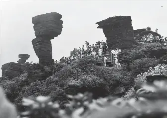  ?? HU PANXUE / FOR CHINA DAILY ?? Tourists visit Fanjing Mountain in Tongren, Guizhou province, on July 23. Fanjing Mountain was listed as a UNESCO World Heritage Site in 2018.