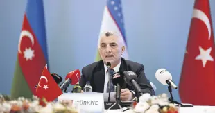  ?? ?? Trade Minister Ömer Bolat delivers a speech during a meeting of ministers in charge of the economy and trade of the Organizati­on of Turkic States (OTS), Istanbul, Türkiye, Sept. 14, 2023.