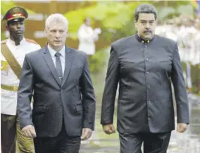  ?? (Photo: AFP) ?? HAVANA, Cuba — In this file photo taken on April 21, 2018 Cuban President Miguel Diaz-canel (left) and his Venezuelan counterpar­t Nicolas Maduro review the guard of honour at the Revolution Palace in Havana.