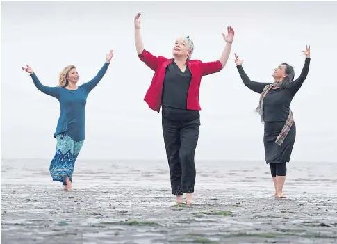  ??  ?? MOVE: Julia Taudevin, left, with Mairi Morrison and Nerea Bello consider migration, loss and communal healing.