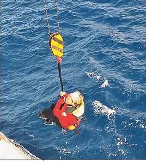  ?? — AFP ?? Safe and sound: Goodall being rescued by sailors from Hong Kongflagge­d vessel ‘ Tian Fu’ at Chilean jurisdicti­on waters in the Southern Ocean.