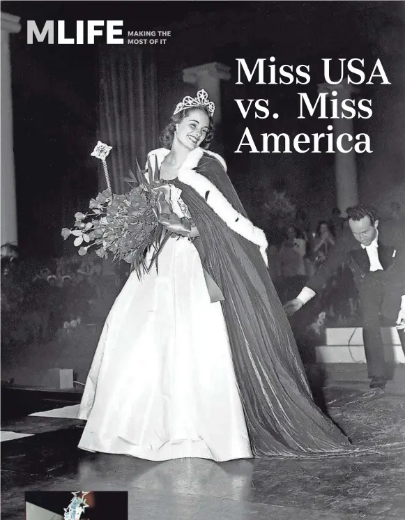  ?? AP ?? Yolande Betbeze, of Mobile, Ala., walks on the runway after she is crowned Miss America 1951 at Atlantic City, N.J., on Sept. 9, 1950. Married in 1954, Yolande Betbeze Fox has donated her Miss America crown, scepter and sash to the National Museum of American History.