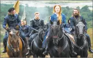  ?? Liam Daniel / Associated Press ?? This image released by Focus Features shows, from left, Ian Hart as Lord Maitland, Jack Lowden as Lord Darnley, Saoirse Ronan as Mary Stuart and James McArdle as Earl of Moray in a scene from “Mary Queen of Scots.”