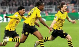  ?? Photograph: Martin Meissner/AP ?? Marcel Sabitzer (right) celebrates after scoring Borussia Dortmund’s aggregate winner.