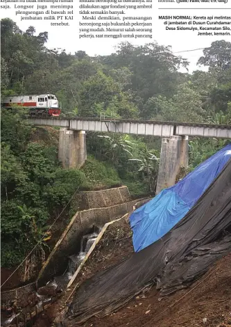  ?? JUMAI/JAWA POS RADAR JEMBER ?? MASIH NORMAL: Kereta api melintas di jembatan di Dusun Curahdamar Desa Sidomulyo, Kecamatan Silo, Jember, kemarin.