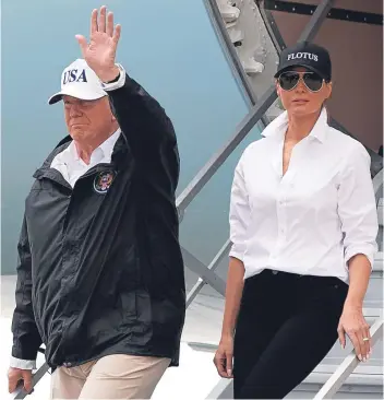  ?? Picture: AP. ?? US President Donald Trump and wife Melania arrive in Corpus Christi, Texas, for briefings on Hurricane Harvey relief efforts.