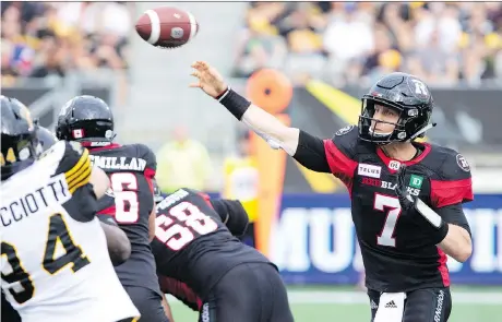  ?? PETER POWER/THE CANADIAN PRESS ?? Redblacks QB Trevor Harris says: “We’re going to go into Toronto against a team with its back against the wall.”